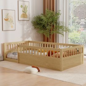 Twin Floor Bed Frame with Fence, Wood Kids Floor Beds Frame for Bedroom Playroom,Natural(Expect arrive date Jun. 21st)