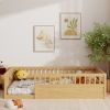 Twin Floor Bed Frame with Fence, Wood Kids Floor Beds Frame for Bedroom Playroom,Natural(Expect arrive date Jun. 21st)