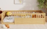 Twin Floor Bed Frame with Fence, Wood Kids Floor Beds Frame for Bedroom Playroom,Natural(Expect arrive date Jun. 21st)