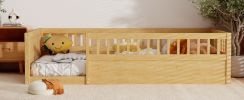 Twin Floor Bed Frame with Fence, Wood Kids Floor Beds Frame for Bedroom Playroom,Natural(Expect arrive date Jun. 21st)