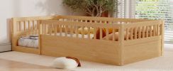 Twin Floor Bed Frame with Fence, Wood Kids Floor Beds Frame for Bedroom Playroom,Natural(Expect arrive date Jun. 21st)