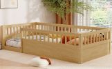 Twin Floor Bed Frame with Fence, Wood Kids Floor Beds Frame for Bedroom Playroom,Natural(Expect arrive date Jun. 21st)