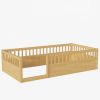 Twin Floor Bed Frame with Fence, Wood Kids Floor Beds Frame for Bedroom Playroom,Natural(Expect arrive date Jun. 21st)