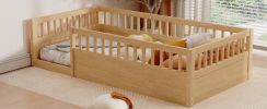 Twin Floor Bed Frame with Fence, Wood Kids Floor Beds Frame for Bedroom Playroom,Natural(Expect arrive date Jun. 21st)