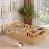 Twin Floor Bed Frame with Fence, Wood Kids Floor Beds Frame for Bedroom Playroom,Natural(Expect arrive date Jun. 21st)