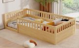 Twin Floor Bed Frame with Fence, Wood Kids Floor Beds Frame for Bedroom Playroom,Natural(Expect arrive date Jun. 21st)