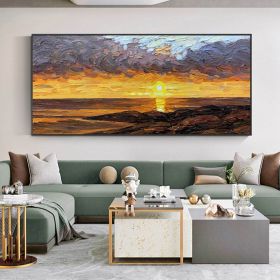 Handmade Oil Painting Original Abstract Sunset Coast Oil Painting Hand Painted Large Color Landscape Seascape Painting Modern Living Room Wall Art (size: 60x120cm)